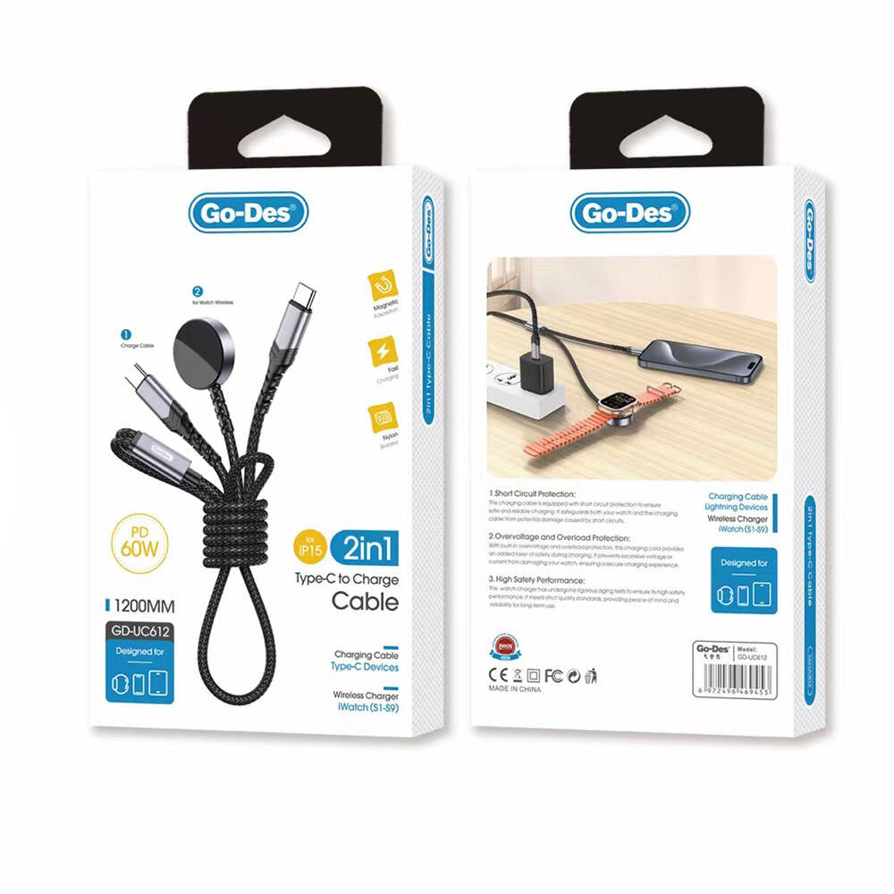 Go-Des GD-UC612 2in1 iOS Watch Uyumlu Wireless Type-C + PD Hızlı Şarj Kablosu 60W - 2 Go-Des GD-UC612 2in1 iOS Watch Uyumlu Wireless Type-C + PD Hızlı Şarj Kablosu 60W - 2